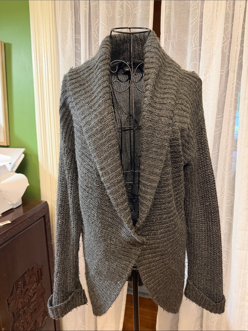 a.n.a Charcoal Gray Ribbed Shawl-Collar Open Cardigan
